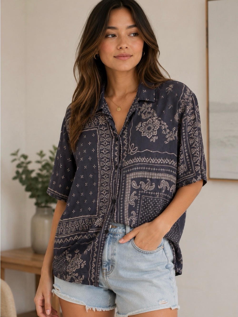All Saints Short-Sleeve Bandana Print Shirt — Charcoal